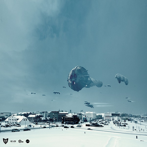 EVE Online lodě nad Reykjavíkem